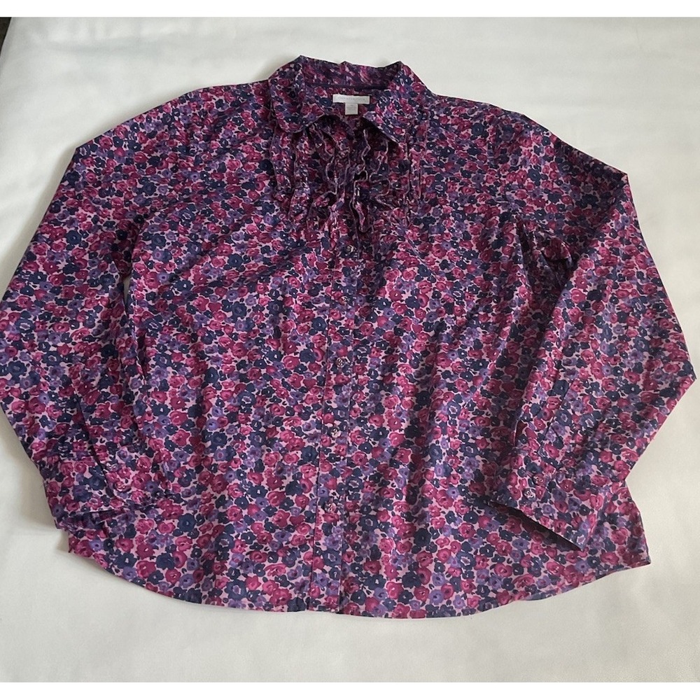 Charter Club Womens Button- Up Floral Blouse Ruffle Long Sleeve Size XL